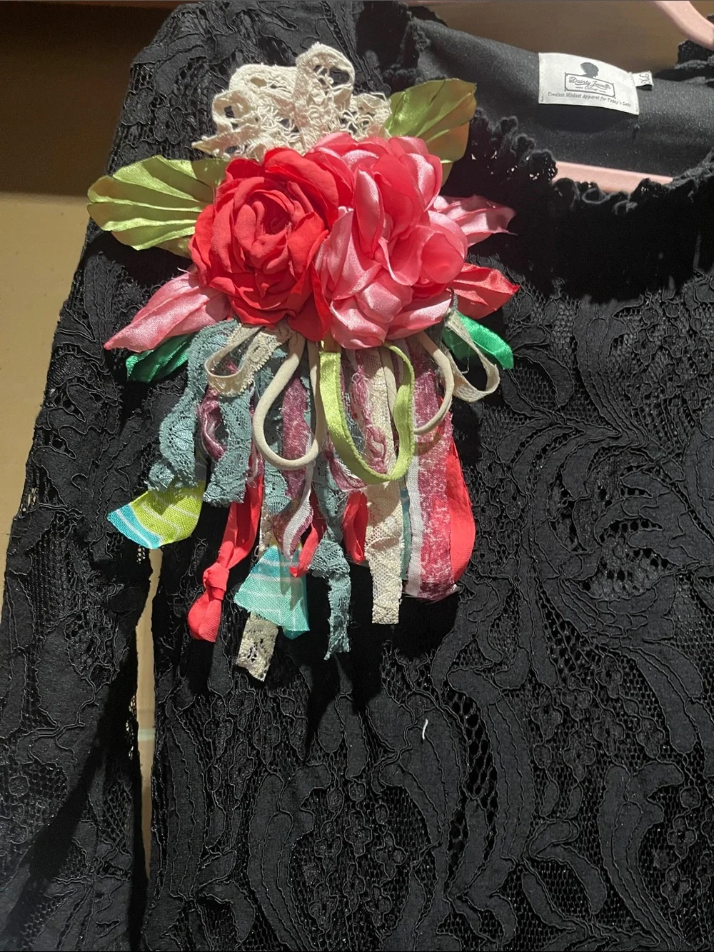 Floral Ribbon Corsage Brooch - Pink & Red Fabric Flowers